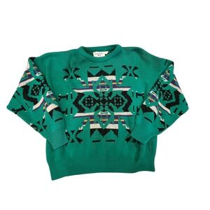 Vintage 80s Carolina Bay Green Geometric Knit Sweater Women's L unique hipster